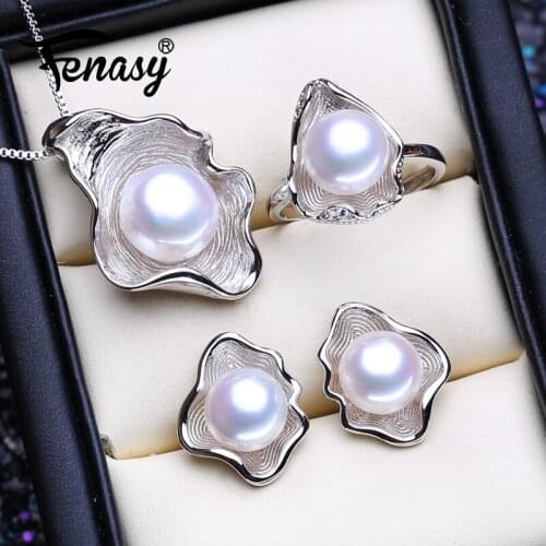 FENASY 925 Sterling Silver Jewelry Sets Trendy Natural Pearl Pendant Necklaces For Women Stud Earrings Big Pendant Fashion Rings