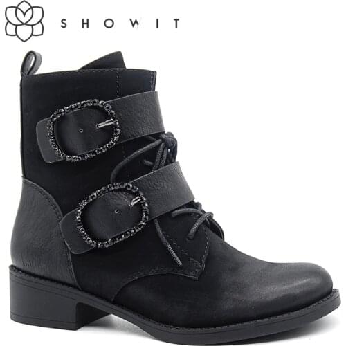 Female corporate shoes Ornament buckle with strap Females boots low Heel Ankle Classic Boots Round Toe winter lady’s footwear