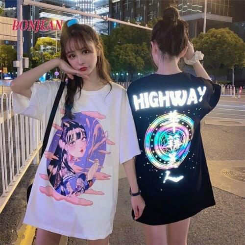 2021 New Pure Cotton Harajuku Pink Reflective Short-sleeved kawaii T-shirt Female Cartoon Print Loose Half-sleeved Oversized Top