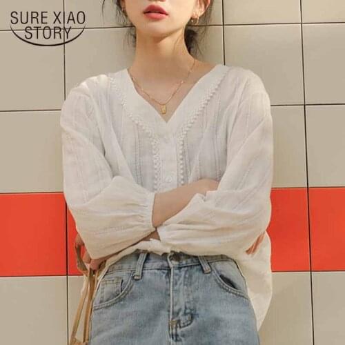 Vintage Woman Shirt White Tops V-neck Womens Tops and Blouses Long Sleeve Office Lady Shirts Autumn 2021 Chic Blusas New 10956