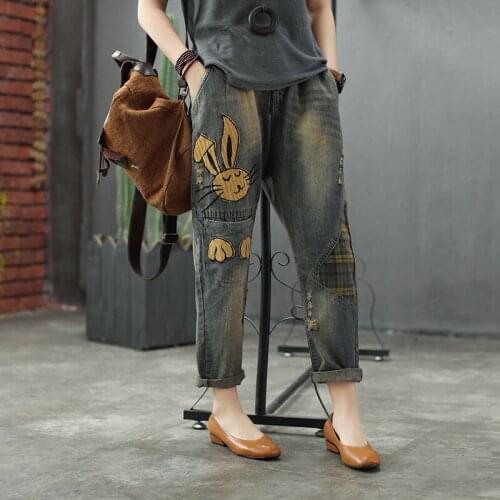 Spring Jeans Retro Women Loose Elastic Waist Denim Pants New Ladies Casual pocket Patchwork Vintage Denim Trousers 2019