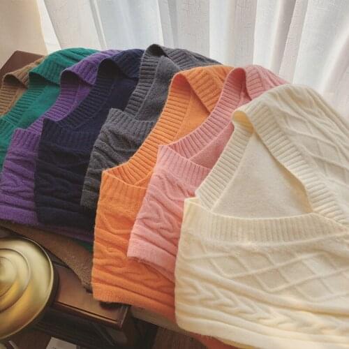 Vintage Twist Knitted Sweater Vest Womens Winter 2021 Fashion Solid V-neck Sleeveless Loose Crop Tops Korean Streetwear