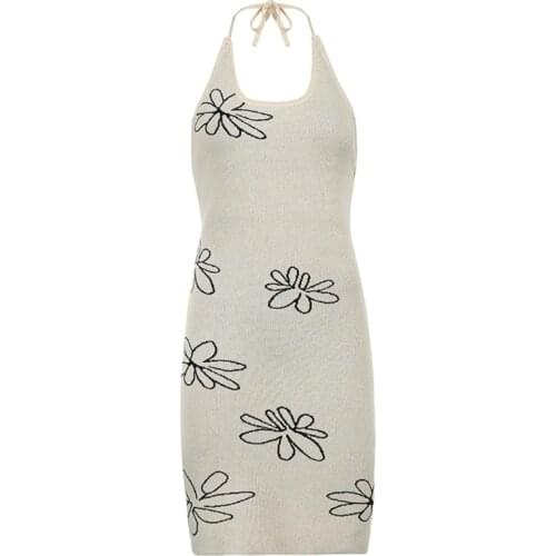 Women Summer Sexy Halter Bandage Backless Knitted Bodycon Mini Dress Harajuku Graffiti Floral Printed Beach Clubwear