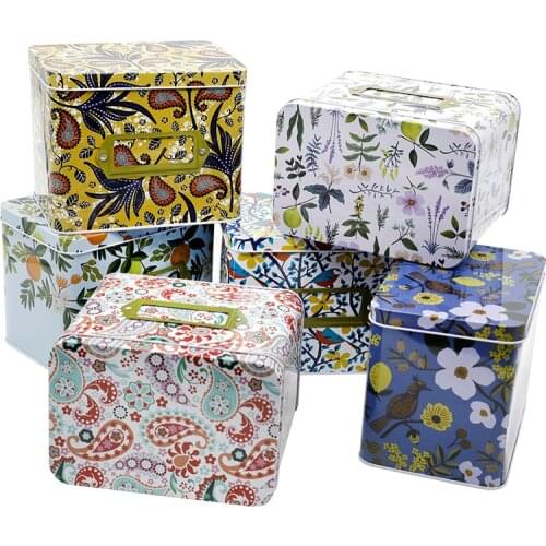 Flowers Tin Storage Box with Label Holder Large Capacity Candy Biscuits Box Home Organizer Coffee Sugar Tea Container