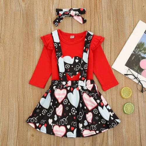 2020 Toddler Girl Clothes Baby Girl Ruffles Hearts Print Long Sleeve Tops Fashion Dress Cottom Skirt Clothing Set For 6M-4Y