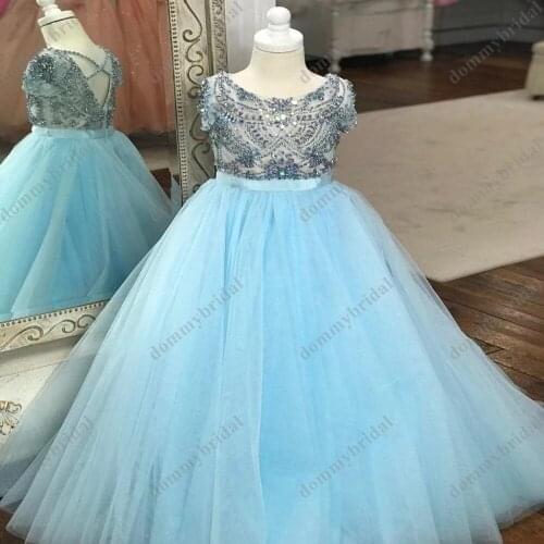 2021 Modern Baby Blue Jewel Neck Rhinestone Little girls Pageant Prom Formal Party Dresses Tulle Short Sleeve Flower girl dress