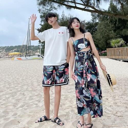 【 2220】Mak2021 new couples wear women halter flower skirt T-shirt for men couples clothes couples clothing