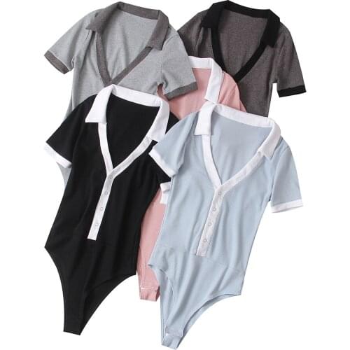 BRADELY MICHELLE 2021 Summer NEW Arrival Women Solid Color Polo Collar Causal V-Neck Sexy Fashion Skinny Bodysuit