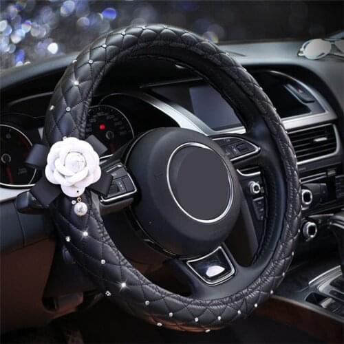 38CM Diameter Anti-Slip Pearl Camellia Rhinestone Car Steering Wheel Cover Four Seasons Universal Black White Pink
