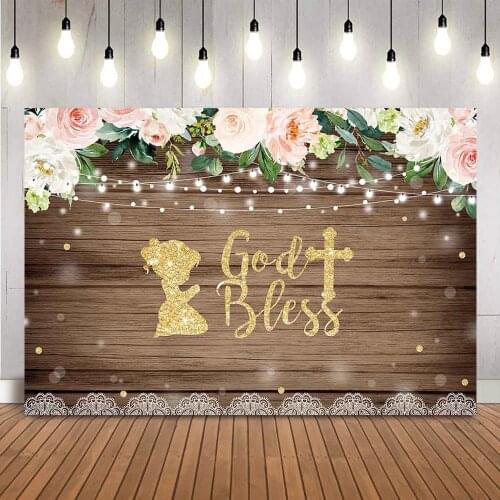 God Bless Rustic Wood Floral Photography backdrop Gold Glitter dots photo background studio Baby Shower Photocall baptism
