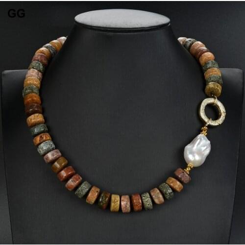 GuaiGuai Jewelry 21'' Flower Jasper Stone Rondelle White Keshi Pearl Necklace