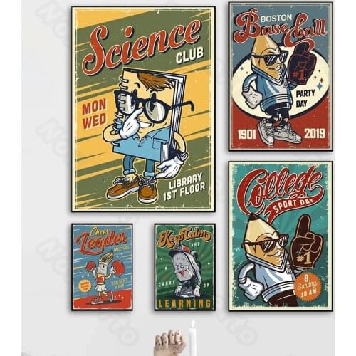 Modern Style Canvas Painting Poster Cartoon Sports Day Satchel Pencil Books School Supplies Baseball Boston Home Rooms Decoratio