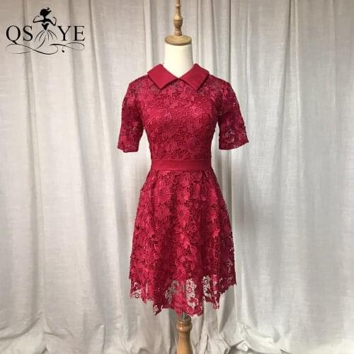 Red Lace Short Prom Dress Short Sleeves Evening Gown Mini A Line Girl Party Gown High Turtleneck Graduation Homecoming Dress