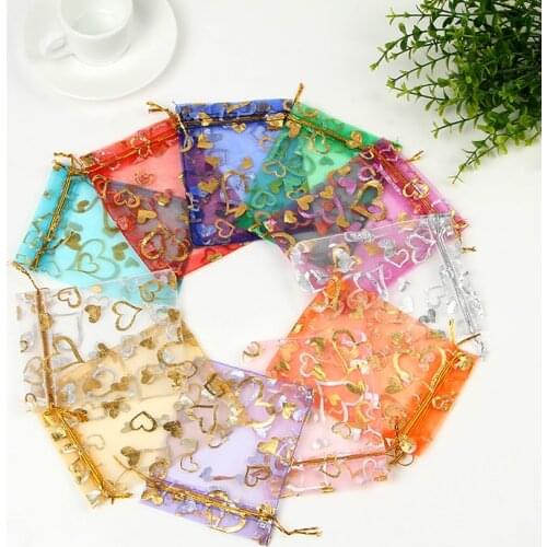 100pcs 9x12cm Small Organza Bags Party Wedding Decoration Candy Jewelry Packaging Bags Hearts Design Gift Bag Pouches 10 colors