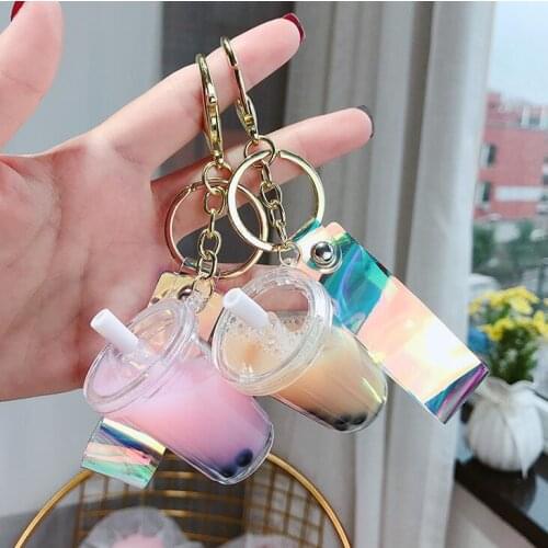 Cute Key Pendant Pearl Milk Tea Keychain Simulation Drink Small Key Chain Bag Llaveros Para Mujer