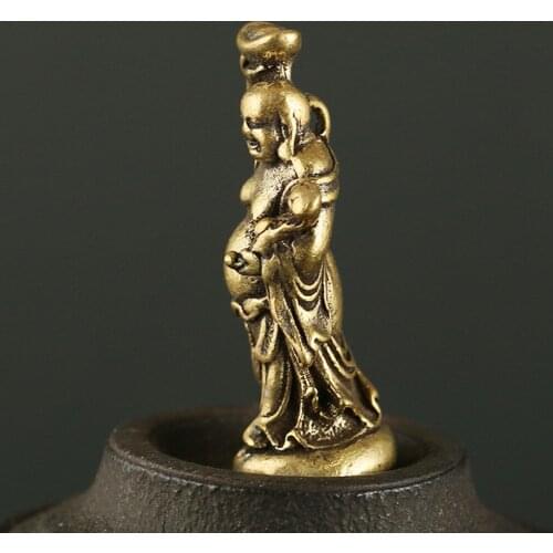 Mini Vintage Brass Portable Yuanbao Maitreya Buddha Home Office Decor Ornament Photography Props High Quality