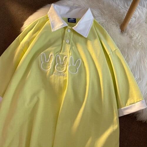 Cartoon cute stitching T-shirt rabbit embroidery Polo womens short-sleeved Harajuku Kawaii loose retro pink summer sweatshirt