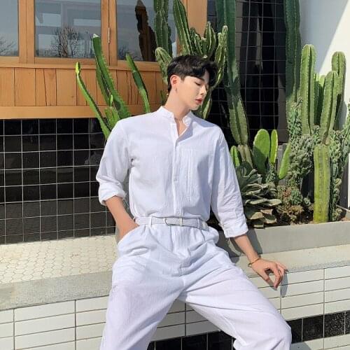 Suit summer onesie Japanese mens Retro Shirt stand-up Collar Thin Linen Arts and culture long-sleeve onesie cotton linen