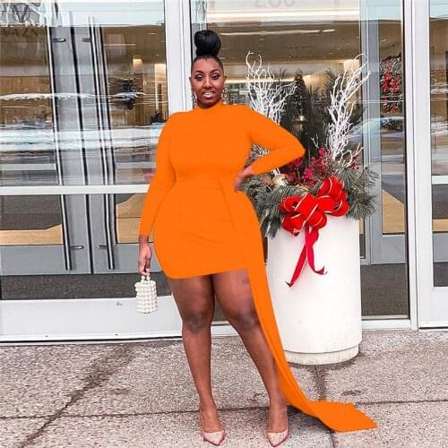VAZN 2021 Autumn Novelty Style Asymmetrical Sexy Young Plus Size Solid Full Sleeve Elegant High Waist Women Mini Dress