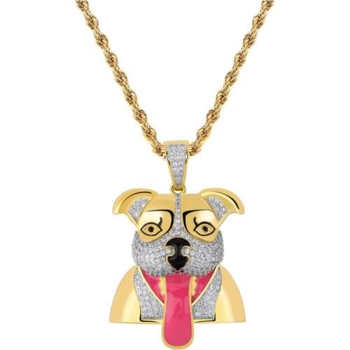 OMYFUN Factory Price Custom Animal Dog Pendant Necklace CZ Iced Hiphop Bling Jewelry Enamel Unique Rappers Bijoux Free Shipping