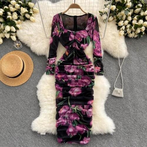 Autumn Floral Print Fashion Mini Dress Sexy Square Neck Long Sleeve Slim Stretch Tight Party Dress Vacation Pleated Ladies Dress