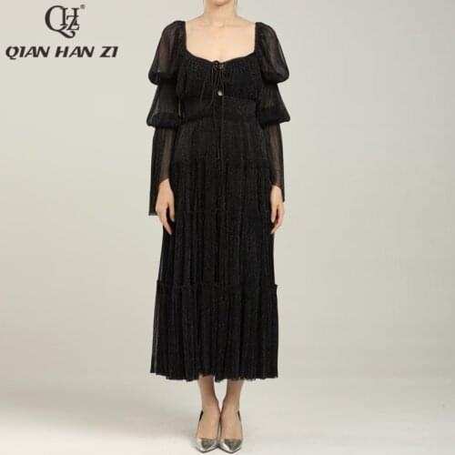 Qian Han Zi retro court style temperament square collar dress female Tie high waist puff sleeves vintage Long party dress