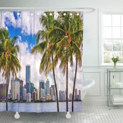 Beach Miami Florida USA Tropical Downtown Skyline City Palm Shower Curtain Waterproof Polyester Fabric 72 x 78 Inches with Hooks