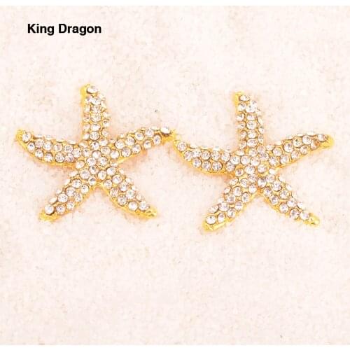 Rhinestone Starfish Embellishment Button Used On Wedding Invitation Or Decoration 32MM 20pcs/lot Gold Color Flat Back KD507
