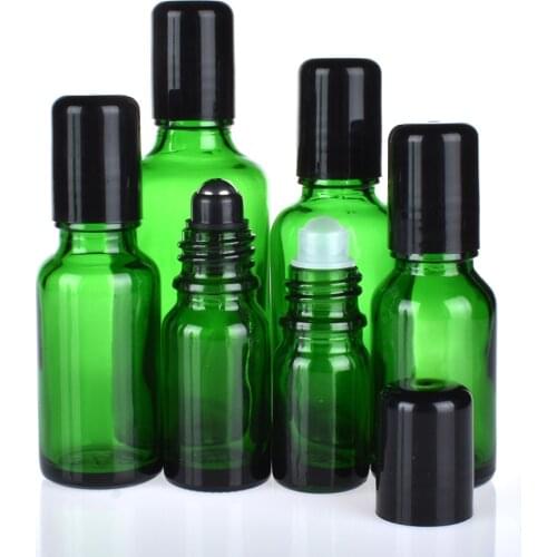 12pcs/lot Green Glass Roll On Bottle Empty Essential Oil Bottle With Black Metal Rollon 5ml 10ml 15ml 20ml 30ml 50ml 100ml