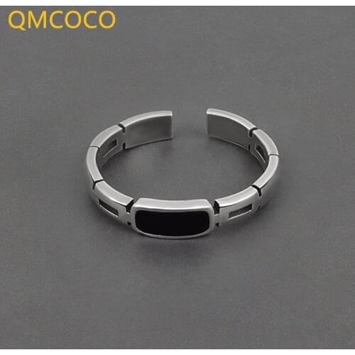 QMCOCO New Style 925 Silver INS Design Vintage Black Stone Open AdjustableRing For Women And Man Party Jewelry Gift