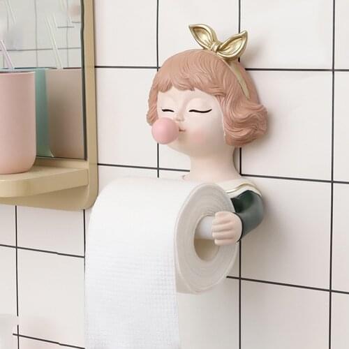 Self Adhesive Hotel Punch Free Office Cute Girl Cartoon Roll Tissue Kitchen Home Toilet Paper Holder Wall Mounted Resin Bathroom