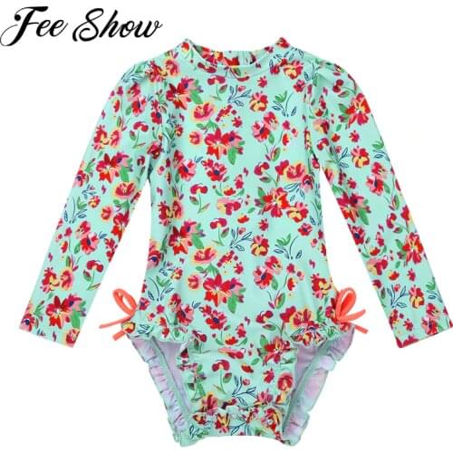 Baby Toddler Girls One-piece Long Sleeves Swimwear Floral Printed Back Zipper with Ruffled Side Swimsuit Bathing Suit Rash Guard