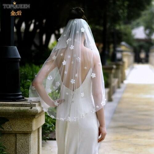 TOPQUEEN V80 Bridal Veil with Little Daisy Organza Flower Short Elegant Bridal Veil 3d Flowers Wedding Veil Bride Veil Short