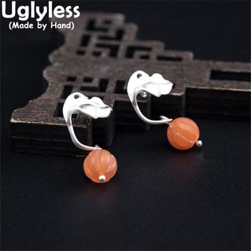 Uglyless Natural Pumpkin Agate Studs Earrings for Women Real Silver Leaves Earrings 925 Silver Exotic Brincos Gemstones Jewelry