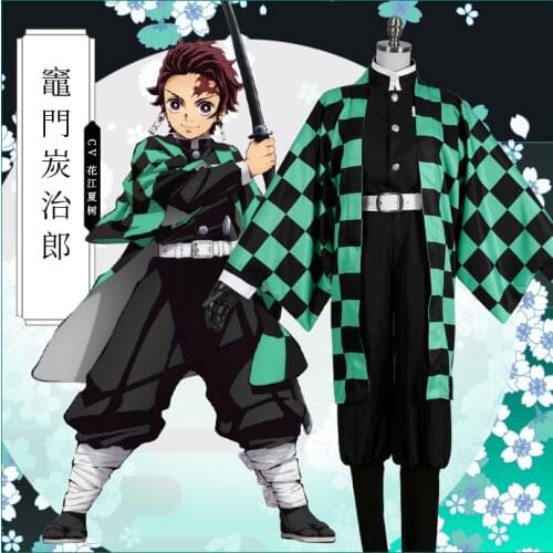 [STOCK] Anime!Demon Slayer Kimetsu no Yaiba Kamado Tanjirou Combat Gear Kimono Uniform Cosplay Costume Halloween Free Shipping