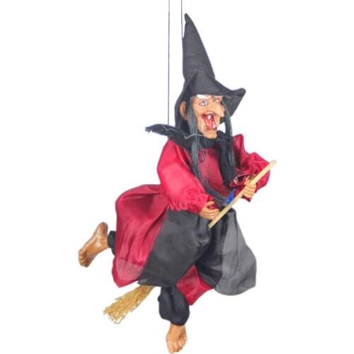 1pc Witches Prop Voice-activated Induction Funny Portable Decorations Broom Witch Hanging Ghost Without Battery for Party