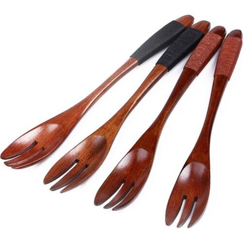 YUJIE Japan Handmade Wrapping Handle Wooden Fruit Forks 3-Tooth Dessert Natural Wood Dinner Fork Kitchen Accessories
