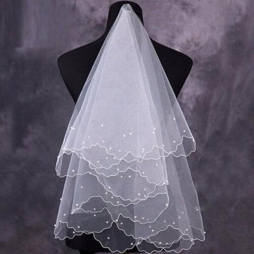 Women Pearl Bridal Veils Wedding Dress Veil Layers Tulle Ribbon Edge Wedding Accessories