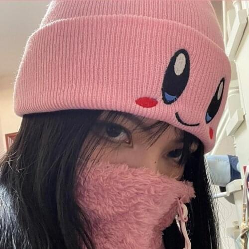 2021 Fashion Eye Embroidery Elasticity Cartoons Beanie Caps Winter Keep Warm Girl Autumn Crimping Women Knitted Hat Skull Cap
