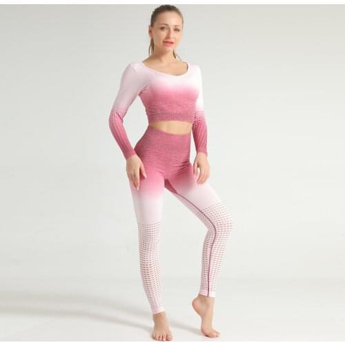 Women 2 Pcs Sports Suits Set Yoga Sets Gym Fitness Ombre Athletic Pants Lifting Sportswear Leggings Shirt Seamless Sports Active