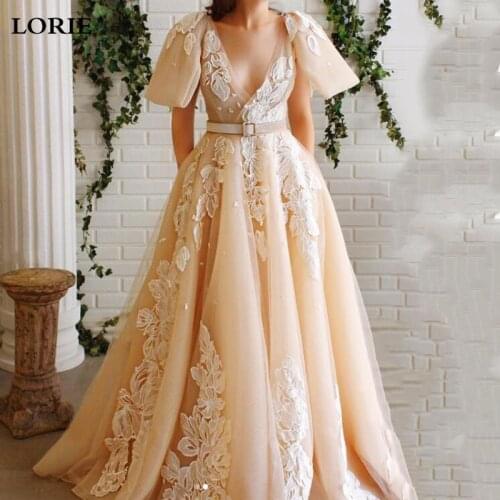LORIE Champagne V Neck Wedding Dresses A Line Tulle Lace Bridal Gowns 2021 vestidos de novia 3D Lace Boho Wedding Bride Dresses