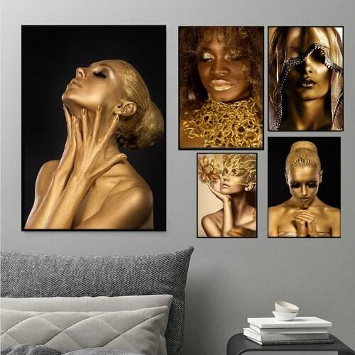 Abstrat African Woman Canvas Paintings Gold Scandinavian Sexy Girl Character Portrait Wall Art for Living Room Home Decoration