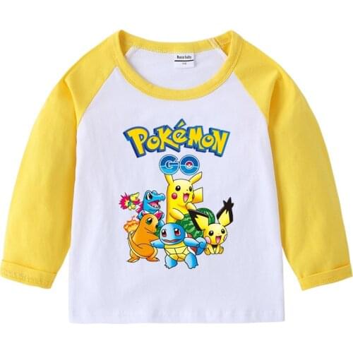 Pokemon 100% Cotton Children Clothes Soft Long Sleeve Shirt Pikachu Kids T-shirt Cartoon Boys Top Fashion Girls Tops Kid Clothes