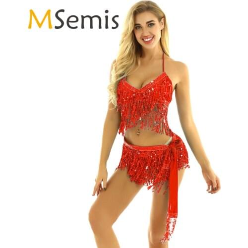 Women Shiny Belly Dance Costume Set Sequin Tassels Halter Neck and Back Tie Up Bra Top with Hip Scarf Wrap Skirts Pole dancewear