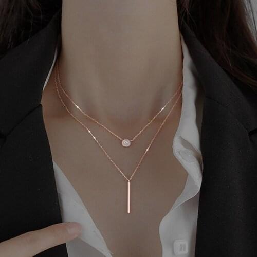 Rose Gold Silver Color Double Layer Necklace Round Shiny Full Zircon Long Pendant Necklaces Gift for Girl Fine Accessories