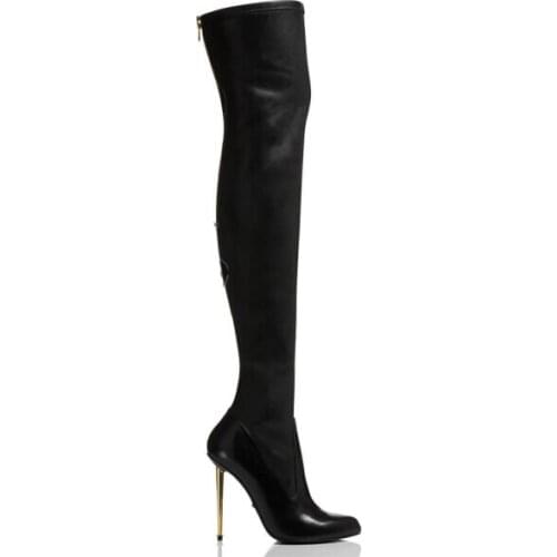 Stretch Fashion Leather Metal Stiletto Over-The-Knee Boot high heel sexy gold zipper long boots thigh high winter boots