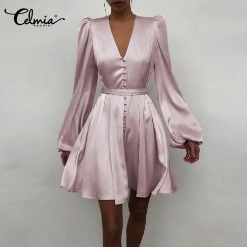 Celmia Elegant Satin Dress 2021 Women Long Sleeve Mini Short Dresses Bandage Solid High Waist Wrap Party Sundress