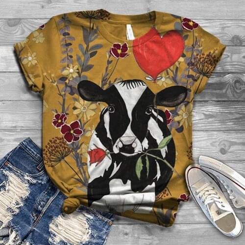 4# 2021 Women Cartoon Harajuku T Shirt Tops Cow Animal Print 3d Animal Top O-neck Short Sleeve Cotton Tee Shirt Футболки Mujer