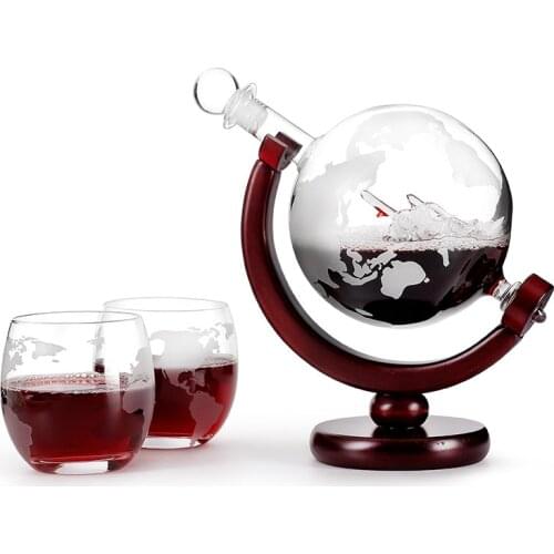 Etched Globe Design Decanter with Engraved Ball Glass for Liquor Whiskey Bourbon J99Store