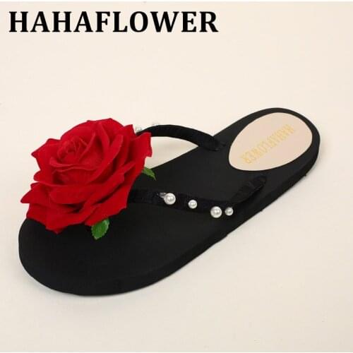 HAHAFLOWER Big Size 42-43 Women Slippers Summer Beach Female Shoes Fashion Girl Flip Flops Red Rose Flower Sandals A11